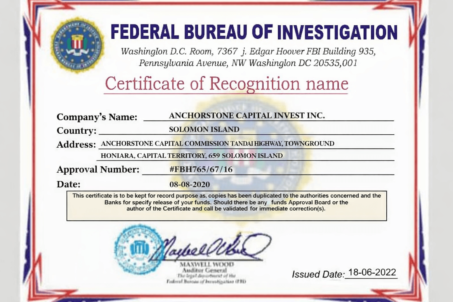 FBI Certificate of Recognition